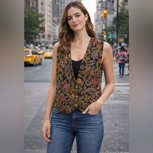 Theo Stunning Vintage Beaded Embroidered Vest size M black pockets tie in back